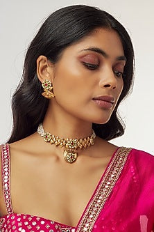 Gold Finish Pearls & Red Stone Beaded Choker Necklace Set