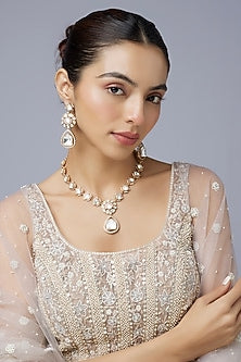 Gold Finish Uncut Stone Long Necklace Set