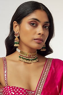 Gold Finish Red & Green Beaded Choker Necklace Set