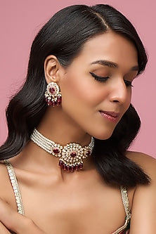 Gold Finish Pearl & Maroon Beaded Choker Necklace Set