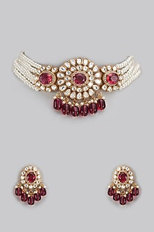 Gold Finish Pearl & Maroon Beaded Choker Necklace Set