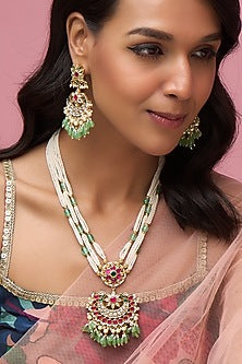 Gold Finish Ruby Stone & Pearl Mala Set