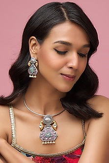 Black Rhodium Finish Aqua & Light Pink Stone Choker Necklace Set
