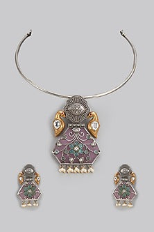 Black Rhodium Finish Aqua & Light Pink Stone Choker Necklace Set