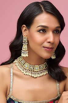 Gold Finish Pearl & Stone Choker Necklace Set