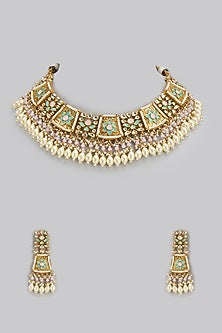 Gold Finish Pearl & Stone Choker Necklace Set