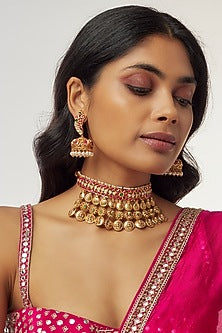 Gold Finish Red & Green Beaded Temple Choker Necklace Set