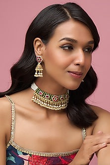 Gold Finish Pearl & Beaded Choker Necklace Set