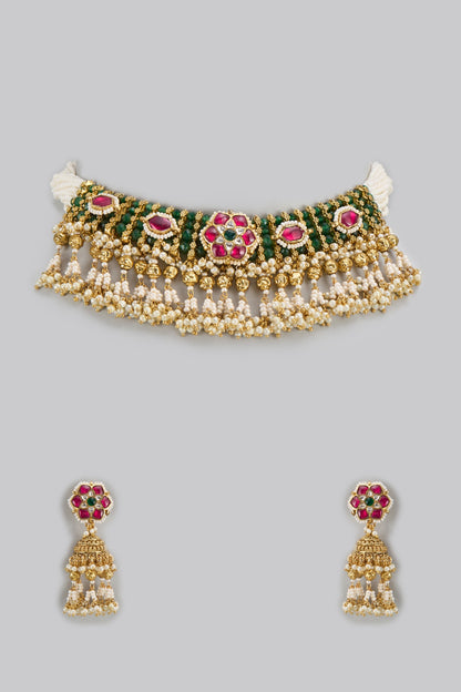 Gold Finish Pearl & Beaded Choker Necklace Set