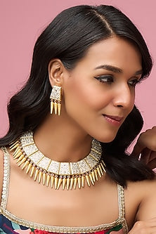 Gold Finish Turquoise Stone Enamelled Choker Necklace Set