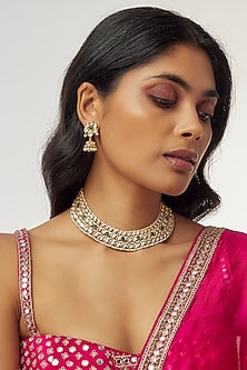 Gold Finish Kundan Polki & Emerald Stone Choker Necklace Set