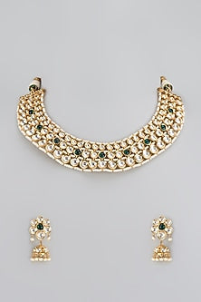 Gold Finish Kundan Polki & Emerald Stone Choker Necklace Set
