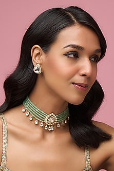 Gold Finish Uncut Stone & Beaded Choker Necklace Set
