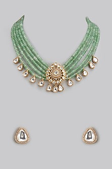 Gold Finish Uncut Stone & Beaded Choker Necklace Set