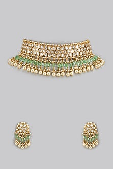 Gold Finish Uncut & Emerald Stone Choker Necklace Set