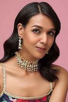 Gold Finish Kundan Polki & Beaded Choker Necklace Set