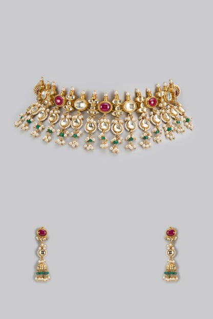 Gold Finish Kundan Polki & Beaded Choker Necklace Set