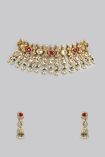 Gold Finish Kundan Polki & Beaded Choker Necklace Set