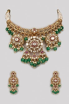 Gold Finish Ruby Red & Emerald Green Stone Choker Necklace Set