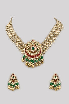 Gold Finish Pachi Kundan Polki & Ruby Layered Necklace Set