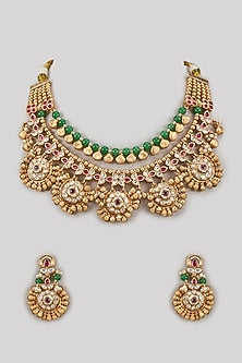 Gold Finish Ruby Red & Emerald Green Stone Necklace Set
