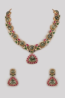 Gold Finish Kundan Polki & Green Stone Long Necklace Set