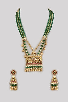 Gold Finish Kundan Polki & Green Synthetic Stone Long Necklace Set