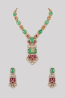 Gold Finish Kundan Polki & Green Stone Long Necklace Set