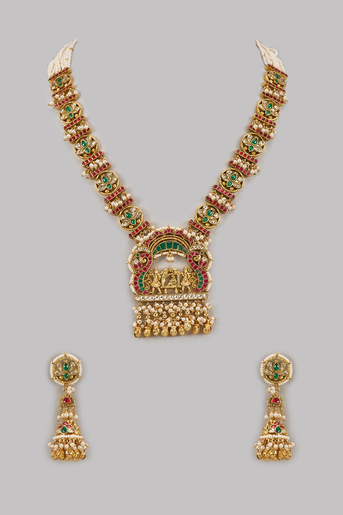 Gold Finish Kundan Polki & Multi-Colored Stone Temple Long Necklace Set