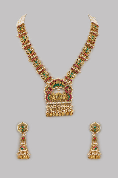 Gold Finish Kundan Polki & Multi-Colored Stone Temple Long Necklace Set