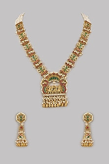 Gold Finish Kundan Polki & Multi-Colored Stone Temple Long Necklace Set