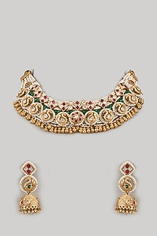 Gold Finish Kundan Polki & Green Stone Temple Choker Necklace Set