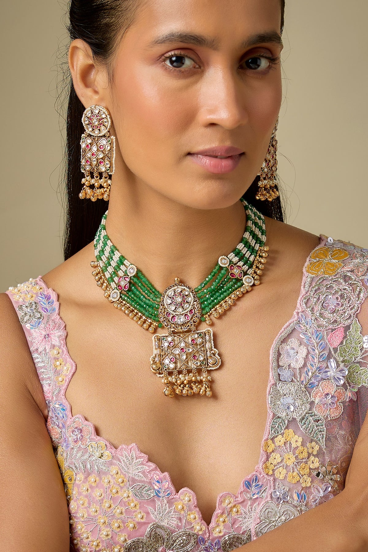 Gold Finish Emerald Green Beaded & Zircon Choker Necklace Set