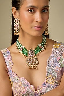 Gold Finish Emerald Green Beaded & Zircon Choker Necklace Set