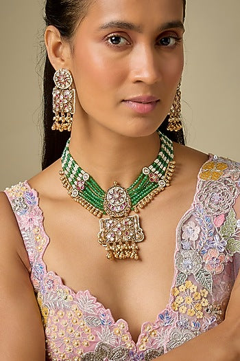 Gold Finish Emerald Green Beaded & Zircon Choker Necklace Set