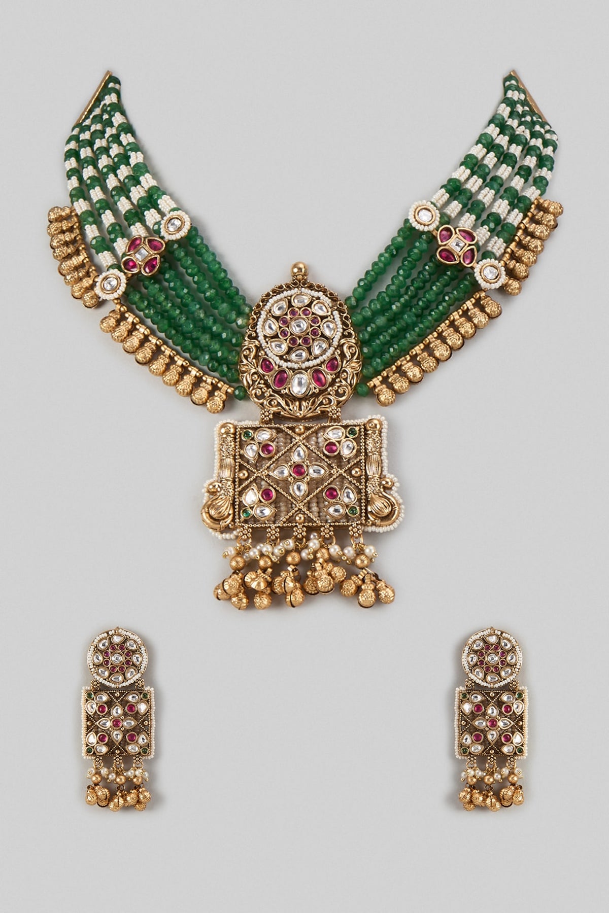Gold Finish Emerald Green Beaded & Zircon Choker Necklace Set