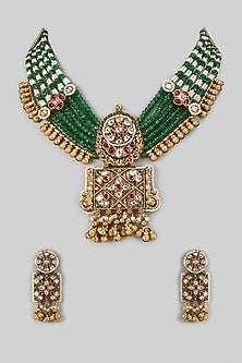 Gold Finish Emerald Green Beaded & Zircon Choker Necklace Set