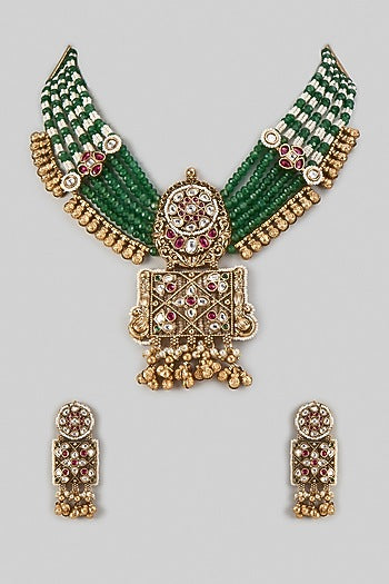 Gold Finish Emerald Green Beaded & Zircon Choker Necklace Set