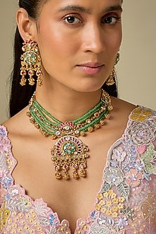 Gold Finish Kundan Polki & Green Stone Necklace Set
