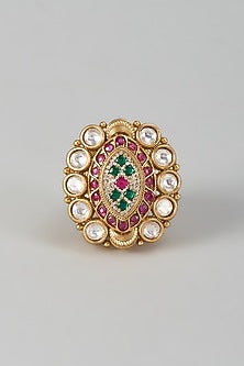 Gold Finish Pink Kundan Polki Adjustable Ring