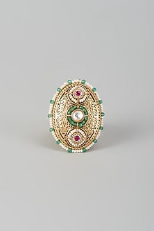 Gold Finish Kundan Polki & Multi-Colored Stone Adjustable Ring