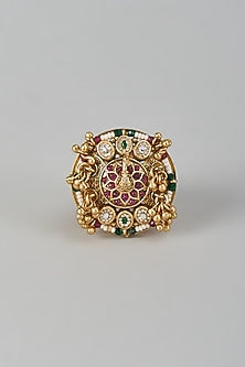 Gold Finish Kundan Polki Adjustable Peacock Ring