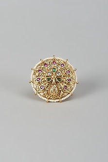 Gold Finish Kundan Polki Adjustable Peacock Ring