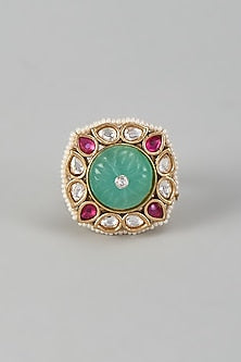 Gold Finish Kundan Polki & Red Stone Adjustable Ring