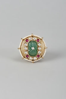 Gold Finish Kundan Polki & White Stone Adjustable Ring
