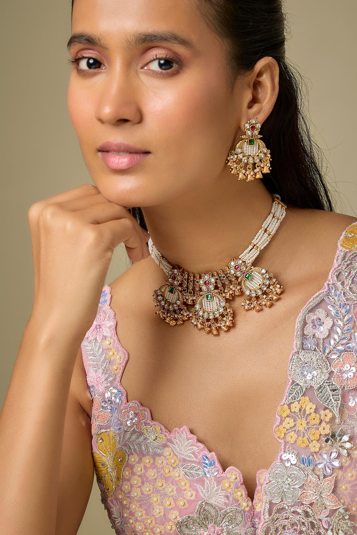 Gold Finish Kundan Polki & Green Stone Temple Choker Necklace Set