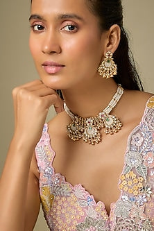Gold Finish Kundan Polki & Green Stone Temple Choker Necklace Set