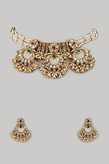 Gold Finish Kundan Polki & Green Stone Temple Choker Necklace Set