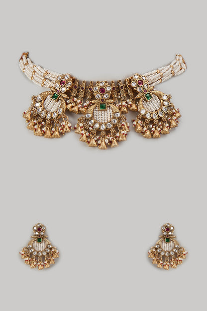 Gold Finish Kundan Polki & Green Stone Temple Choker Necklace Set