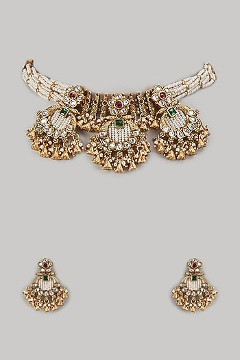 Gold Finish Kundan Polki & Green Stone Temple Choker Necklace Set
